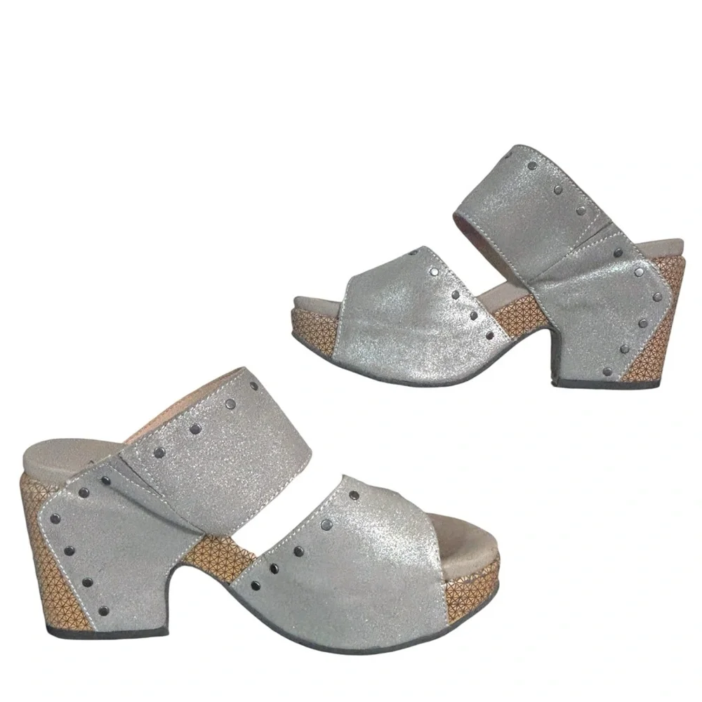 Naked Feet Beslow Leather Platform Slide Sandal Chunky Heel Silver 8